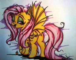 Size: 1812x1442 | Tagged: safe, artist:tomek2289, fluttershy, bat pony, pony, bats!, flutterbat, plot, race swap, solo, traditional art