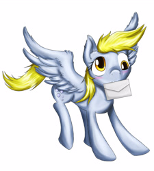 Size: 2650x2950 | Tagged: safe, artist:gemodawnchan, derpy hooves, pegasus, pony, blushing, ear fluff, female, letter, mare, mouth hold, simple background, solo, spread wings