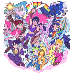 Size: 1000x1009 | Tagged: safe, artist:mikanne, derpibooru import, applejack, fluttershy, pinkie pie, princess celestia, princess luna, rainbow dash, rarity, twilight sparkle, twilight sparkle (alicorn), alicorn, earth pony, pegasus, pony, unicorn, anime crossover, crossover, female, gappy, giorno giovana, giorno giovanna, jo2uke, johnny joestar, jojo's bizarre adventure, jolyne kujo, jonathan joestar, josefumi kujo, joseph joestar, josuke higashikata, josuke higashikata (jojolion), jotaro kujo, mane six, mare, panty and stocking with garterbelt, pixiv