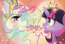 Size: 960x640 | Tagged: safe, artist:sung and ama, princess celestia, twilight sparkle, twilight sparkle (alicorn), alicorn, pony, cake, candle, eating, female, lesbian, mare, shipping, twilestia