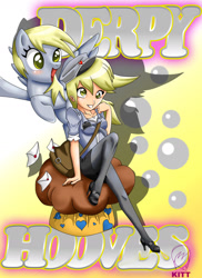 Size: 1275x1755 | Tagged: safe, artist:mkitt, derpy hooves, human, clothes, human ponidox, humanized, letter, mailbag, muffin, uniform