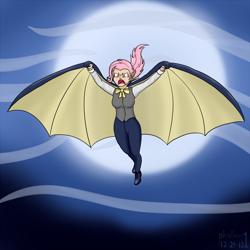 Size: 1200x1200 | Tagged: safe, artist:phallen1, fluttershy, bat pony, human, bats!, cape, clothes, flutterbat, flying, humanized, light skin, race swap, solo, tuxedo