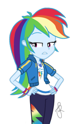 Size: 323x525 | Tagged: safe, artist:ilaria122, derpibooru import, rainbow dash, better together, equestria girls, forgotten friendship, bedroom eyes, clothes, geode of super speed, hand on hip, magical geodes, pants, simple background, sweatshirt, transparent background