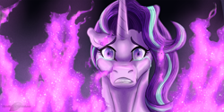 Size: 1500x750 | Tagged: safe, artist:bijutsuyoukai, starlight glimmer, pony, crying, fire, solo