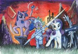 Size: 6920x4868 | Tagged: safe, artist:dalagar, derpibooru import, rarity, spike, twilight sparkle, unicorn twilight, dragon, pony, unicorn, absurd resolution, armor, book, canterlot, fantasy class, female, knight, lance, magic, male, mare, staff, telekinesis, traditional art, trio, warrior, weapon