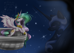 Size: 1400x1000 | Tagged: safe, artist:freexee, nightmare moon, princess celestia, alicorn, pony, balcony, crying, stars