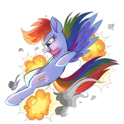 Size: 1000x1000 | Tagged: safe, artist:prince-lionel, derpibooru import, rainbow dash, pegasus, pony, action pose, explosion, flying, simple background, smoke, tongue out, transparent background