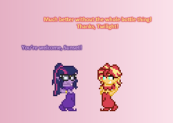 Size: 504x357 | Tagged: safe, artist:verve, sci-twi, sunset shimmer, twilight sparkle, equestria girls, ain't never had friends like us, ask, bra, clothes, genie, glasses, gradient background, pixel art, shantae, shoes, tumblr, underwear