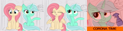 Size: 17068x4282 | Tagged: safe, artist:janelearts, fluttershy, lyra heartstrings, pegasus, pony, unicorn, absurd resolution, comic, coronavirus, covid-19, female, mare, meme, sneezing, sofa, triggered