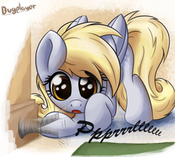 Size: 1900x1700 | Tagged: safe, artist:bugplayer, derpy hooves, pegasus, pony, :o, behaving like a cat, bugplayer is trying to murder us, curious, cute, derpabetes, doorstop, eyes on the prize, female, mare, open mouth, playing, solo, underp