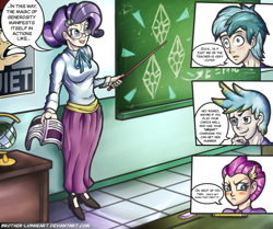 Size: 1197x1000 | Tagged: safe, artist:brother-lionheart, artist:dan232323, gallus, rarity, sandbar, smolder, starlight glimmer, human, school daze, blatant lies, classroom, clothes, dialogue, hot for teacher, humanized, implied lesbian, jealous, long skirt, poster, quiet, school, schoolmarm rarity, skirt, smoldere, speech bubble, teacher, tsundere