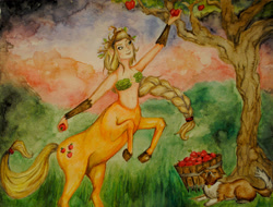 Size: 2896x2198 | Tagged: safe, artist:chocobojockey, applejack, winona, centaur, apple, apple tree, belly button, centaurjack, food, traditional art, tree