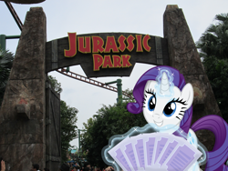 Size: 4608x3456 | Tagged: safe, artist:masem, artist:missbeigepony, rarity, exhibit, irl, jurassic park, magic, photo, ponies in real life, sign, singapore, smiling, ticket, vector