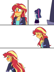 Size: 1500x2000 | Tagged: safe, artist:jase1505, artist:sunlight-mlp, sci-twi, sunset shimmer, twilight sparkle, comic:night at the gala, series:sunlight horizons, equestria girls, blushing, clothes, comic, female, jacket, lesbian, nervous, scitwishimmer, shipping, simple background, sunsetsparkle, white background