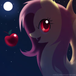 Size: 2222x2222 | Tagged: safe, artist:jacky-bunny, fluttershy, bat pony, pony, bats!, apple, fangs, flutterbat, moon, night, race swap, solo, stars