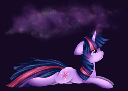 Size: 1024x728 | Tagged: safe, artist:breezzie, derpibooru import, twilight sparkle, unicorn twilight, unicorn, cute, glowing horn, lying down, magic, prone, solo, twiabetes