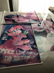 Size: 3024x4032 | Tagged: safe, artist:dshou, dj pon-3, pacific glow, pinkie pie, starlight glimmer, twilight sparkle, vinyl scratch, babscon 2018, clothes, dancing, glowstick, irl, one-piece swimsuit, photo, swimsuit, wall scroll