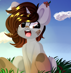 Size: 1000x1020 | Tagged: safe, artist:thieftea, oc, oc:shruggy, pony, unicorn, dirty, grass, sitting