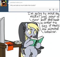 Size: 1263x1200 | Tagged: safe, artist:lightbulb, derpy hooves, pegasus, pony, book, butts, derpy hooves tech support, derpy tech support, female, headset, mare, solo, tumblr