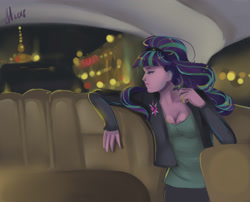 Size: 2100x1700 | Tagged: safe, artist:xjenn9, starlight glimmer, human, breasts, car, cleavage, clothes, female, humanized, jacket, leather jacket, night, solo