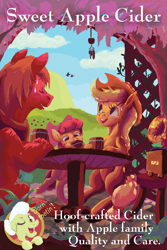 Size: 630x945 | Tagged: safe, artist:twitchykismet, apple bloom, applejack, big macintosh, granny smith, earth pony, pony, advertisement, apple family, cider, male, table, text