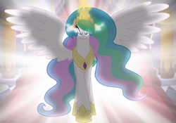 Size: 1211x848 | Tagged: safe, artist:faith-wolff, princess celestia, alicorn, pony, fanfic:the bridge, ethereal mane, fanfic art, female, glowing eyes, mare, solo, spread wings, wings