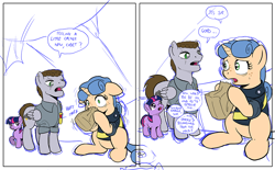 Size: 1000x620 | Tagged: safe, artist:muffinshire, derpibooru import, twilight sparkle, oc, oc:sergeant thunderhead, comic:twilight's first day, comic, dexterous hooves, filly, hyperventilating, paper bag, scar, wip