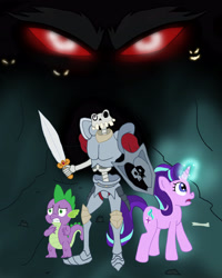 Size: 3987x4992 | Tagged: safe, artist:edcom02, grogar, spike, starlight glimmer, dragon, pony, unicorn, crossover, fanfic, fanfic art, fanfic cover, medievil, sir daniel fortesque