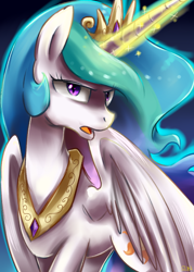 Size: 1000x1400 | Tagged: safe, artist:sion-ara, princess celestia, alicorn, pony, glowing horn, looking at you, magic, open mouth, solo