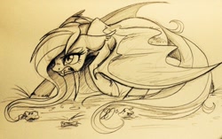 Size: 1023x643 | Tagged: safe, artist:probablyfakeblonde, fluttershy, bat pony, pony, bats!, action pose, angry, badass, feral, flutterbadass, flutterbat, race swap, sketch, solo, traditional art