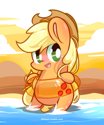 Size: 600x720 | Tagged: safe, artist:php56, applejack, earth pony, pony, beach, bipedal, chibi, cute, floaty, inner tube, jackabetes, solo