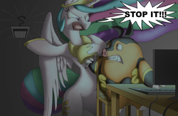 Size: 3800x2480 | Tagged: dead source, safe, artist:crispokefan, princess celestia, alicorn, pony, angry, computer, crossover, high res, pignite, pokémon