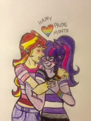 Size: 240x320 | Tagged: safe, artist:starlightstarbrxght, sci-twi, sunset shimmer, twilight sparkle, equestria girls, asexual, asexual pride flag, eyes closed, female, gay pride, gay pride flag, heart, kissing, lesbian, lesbian pride flag, pride, pride month, scitwishimmer, shipping, simple background, sunsetsparkle, traditional art