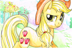 Size: 3000x1992 | Tagged: safe, artist:fyre-flies, applejack, earth pony, pony, solo, traditional art, watercolor painting