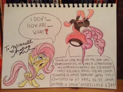 Size: 2592x1936 | Tagged: dead source, safe, artist:nocturnalmeteor, fluttershy, pinkie pie, earth pony, pegasus, pony, andrea libman, autograph, confused, confusion, cosplay, crossover, deadpool, dialogue, female, how, in which pinkie pie forgets how to gravity, mare, pinkie being pinkie, pinkie physics, pinkiepool, speech bubble, spidermare, superhero, traditional art, voice actor joke