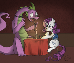 Size: 1024x876 | Tagged: safe, artist:anonymous, rarity, spike, dragon, pony, unicorn, /mlp/, 4chan, colored, dining, female, male, older, older spike, salad, shipping, spaghetti, sparity, straight