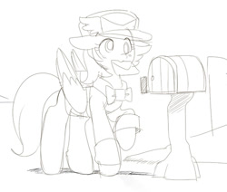 Size: 500x423 | Tagged: safe, artist:ende26, derpy hooves, pegasus, pony, clothes, female, hat, mail, mailbox, mailmare, mailpony, mare, monochrome, raised hoof, solo