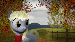 Size: 1920x1080 | Tagged: safe, artist:xender90, derpy hooves, pegasus, pony, 3d, autumn, blender, clothes, female, fence, mare, rough, scarf