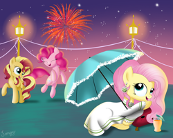 Size: 2500x2000 | Tagged: safe, artist:songbirdserenade, fluttershy, pinkie pie, sunset shimmer, pegasus, pony, canada day, clothes, dress, ear piercing, earring, fireworks, happy, high res, jewelry, night, piercing, prone, umbrella