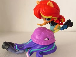 Size: 1400x1050 | Tagged: safe, artist:whatthehell!?, starlight glimmer, sunset shimmer, equestria girls, abuse, beanie, boots, clothes, doll, dress, equestria girls minis, glimmerbuse, hat, irl, jacket, kick, kicking, pants, photo, shoes, toy