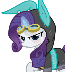 Size: 3000x3326 | Tagged: safe, artist:godoffury, rarity, pony, unicorn, blushing, bunny ears, clothes, dangerous mission outfit, female, glowing horn, goggles, hoodie, horn, looking at you, magic, mare, raised hoof, simple background, solo, transparent background, vector