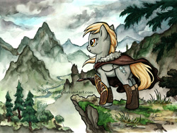 Size: 1800x1350 | Tagged: safe, artist:dracontiar, derpy hooves, pegasus, pony, cloak, clothes, crossover, epic derpy, female, mare, mountain, scenery, scenery porn, skyrim, solo, the elder scrolls, traditional art, windswept mane