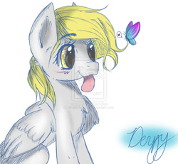 Size: 1024x947 | Tagged: dead source, safe, artist:momosparkle, derpy hooves, butterfly, pegasus, pony, blushing, deviantart watermark, female, mare, obtrusive watermark, solo, tongue out, watermark