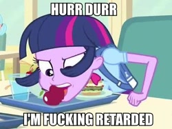 Size: 472x353 | Tagged: safe, derpibooru import, edit, edited screencap, screencap, twilight sparkle, equestria girls, equestria girls (movie), apple, hurr durr, image macro, mouth hold, retarded, solo, text, vulgar