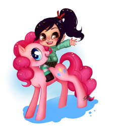 Size: 1000x1115 | Tagged: safe, artist:trefleix, pinkie pie, human, crossover, humans riding ponies, riding, vanellope von schweetz, wreck-it ralph