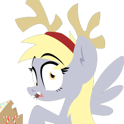 Size: 1280x1280 | Tagged: safe, artist:zvn, derpy hooves, pegasus, pony, candy cane, christmas, derp, eating, female, gingerbread house, looking at you, mare, raised hoof, reindeer antlers, solo, spread wings