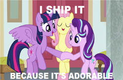 Size: 1140x740 | Tagged: safe, artist:brandonale, edit, edited screencap, screencap, fluttershy, starlight glimmer, twilight sparkle, twilight sparkle (alicorn), alicorn, pegasus, pony, unicorn, school daze, cute, eyes closed, female, fluttershipper, glimmerbetes, holding hooves, i ship it, image macro, lesbian, mare, meme, open mouth, shipper on deck, shipping, smiling, spread wings, text edit, twiabetes, twistarlight, wings