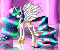 Size: 2400x2000 | Tagged: safe, artist:mrbrunoh1, princess celestia, alicorn, pony, female, horn, mare, missing accessory, multicolored mane, multicolored tail, solo, white coat, white wings, wings