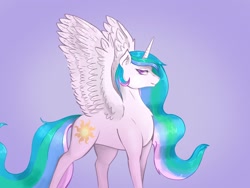 Size: 2048x1536 | Tagged: safe, artist:spaghettidolphin, princess celestia, alicorn, pony, looking at you, smiling, solo, spread wings