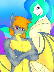 Size: 432x576 | Tagged: safe, artist:marik azemus34, princess celestia, oc, oc:von, anthro, anthro oc, bare chest, clothes, cover art, male, topless